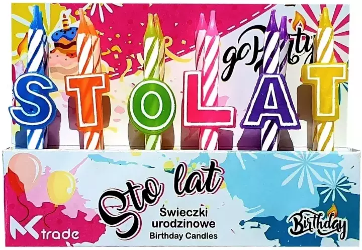 Świeczki urodzinowe kolorowe - Sto lat, 12 sztuk - Papiernicze i szkolne