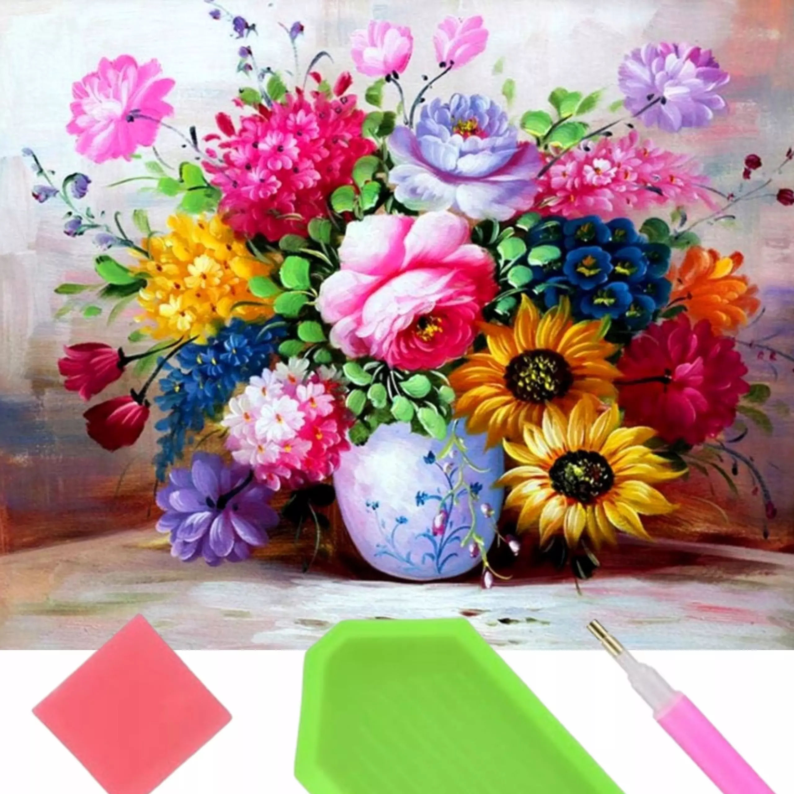 Diamentowa mozaika Bukiet kolorowych kwiatów w wazonie 30x40cm 2000580 - Zabawki