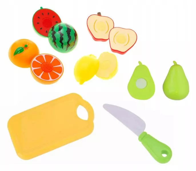 ZESTAW OWOCÓW DO KROJENIA PLASTIKOWE + DESKA + NÓŻ - Zabawki