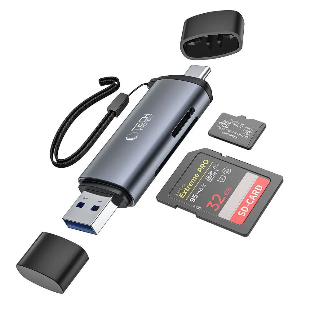 Czytnik Tech-Protect UltraBoost kart SD / micro SD ze złączami USB-C / USB-A - szary - Elektronika i akcesoria