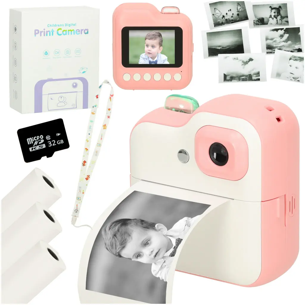 Aparat fotograficzny natychmiastowy drukarka termiczna + wkłady karta 32GB różowy - Zabawki