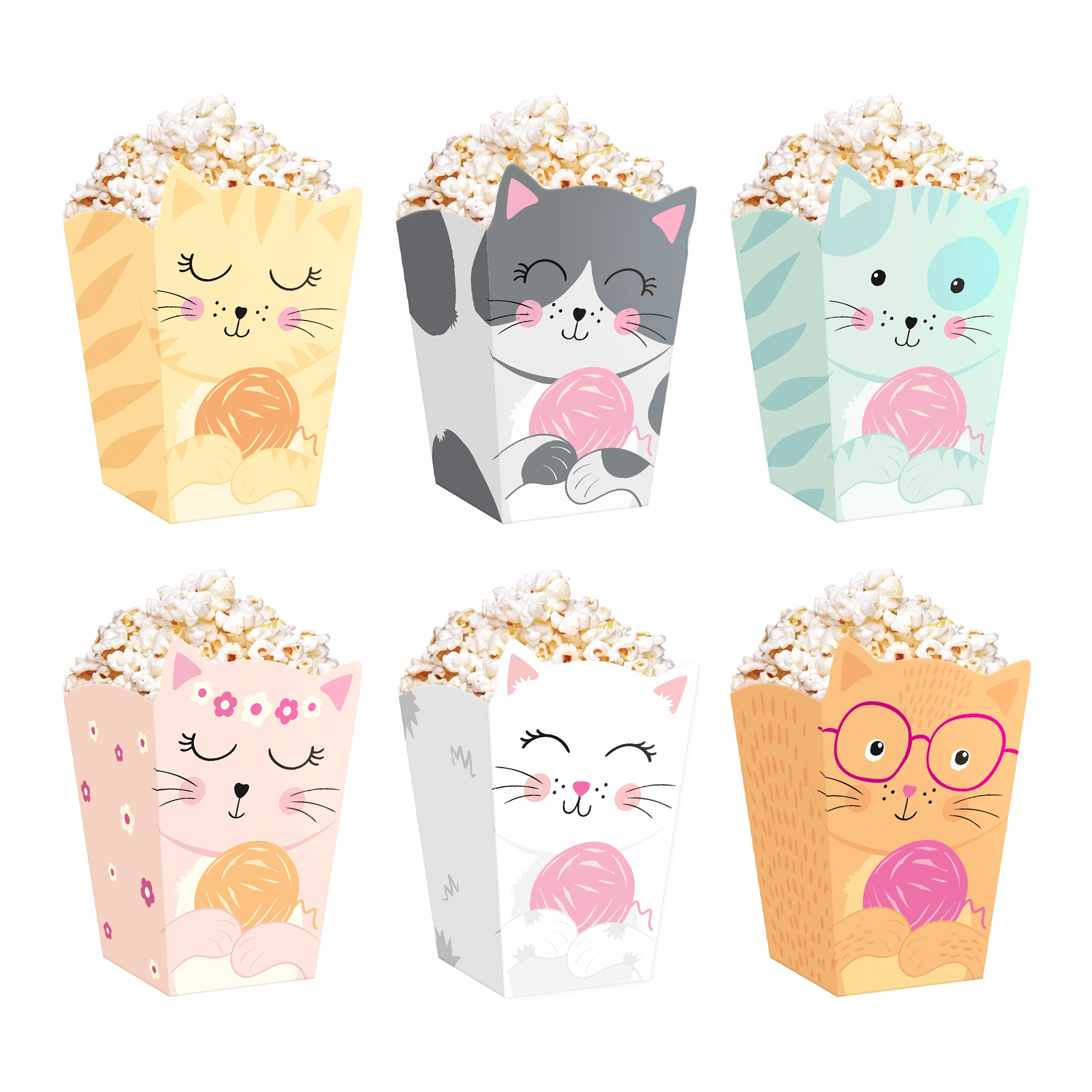 Pudełko na popcorn Kotki 8,5x15cm 6szt. zestaw - Impreza