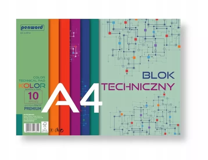 Blok techniczny A4 10 kartek kolorowych 250g/m2 BT-4 Penword - Papiernicze i szkolne
