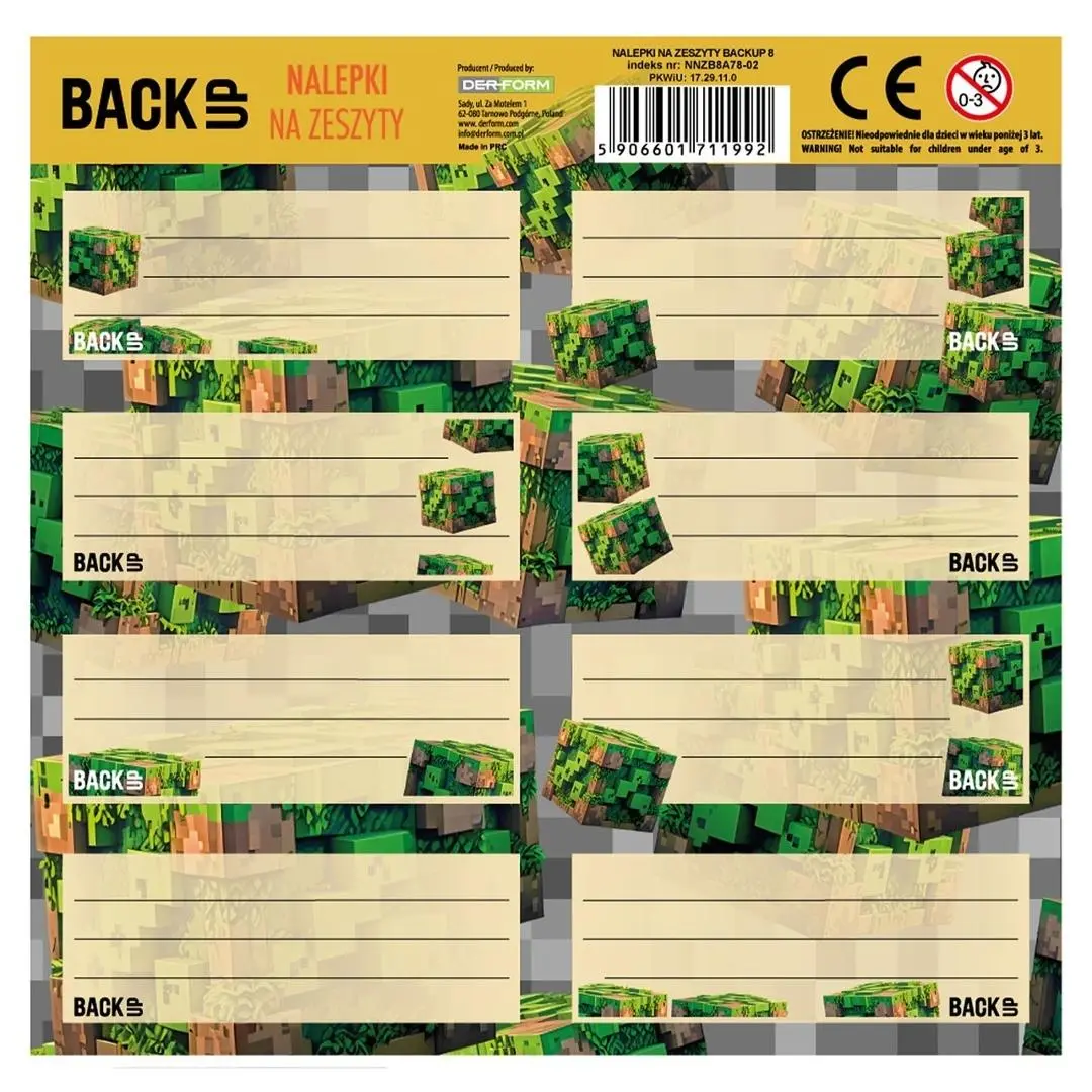 Nalepki na zeszyty Backup 8 szt. DERFORM - Papiernicze i szkolne