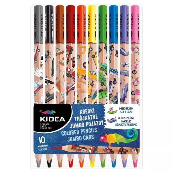 Kredki trójkątne Jumbo Pojazdy Kidea 10 kolorów - Papiernicze i szkolne