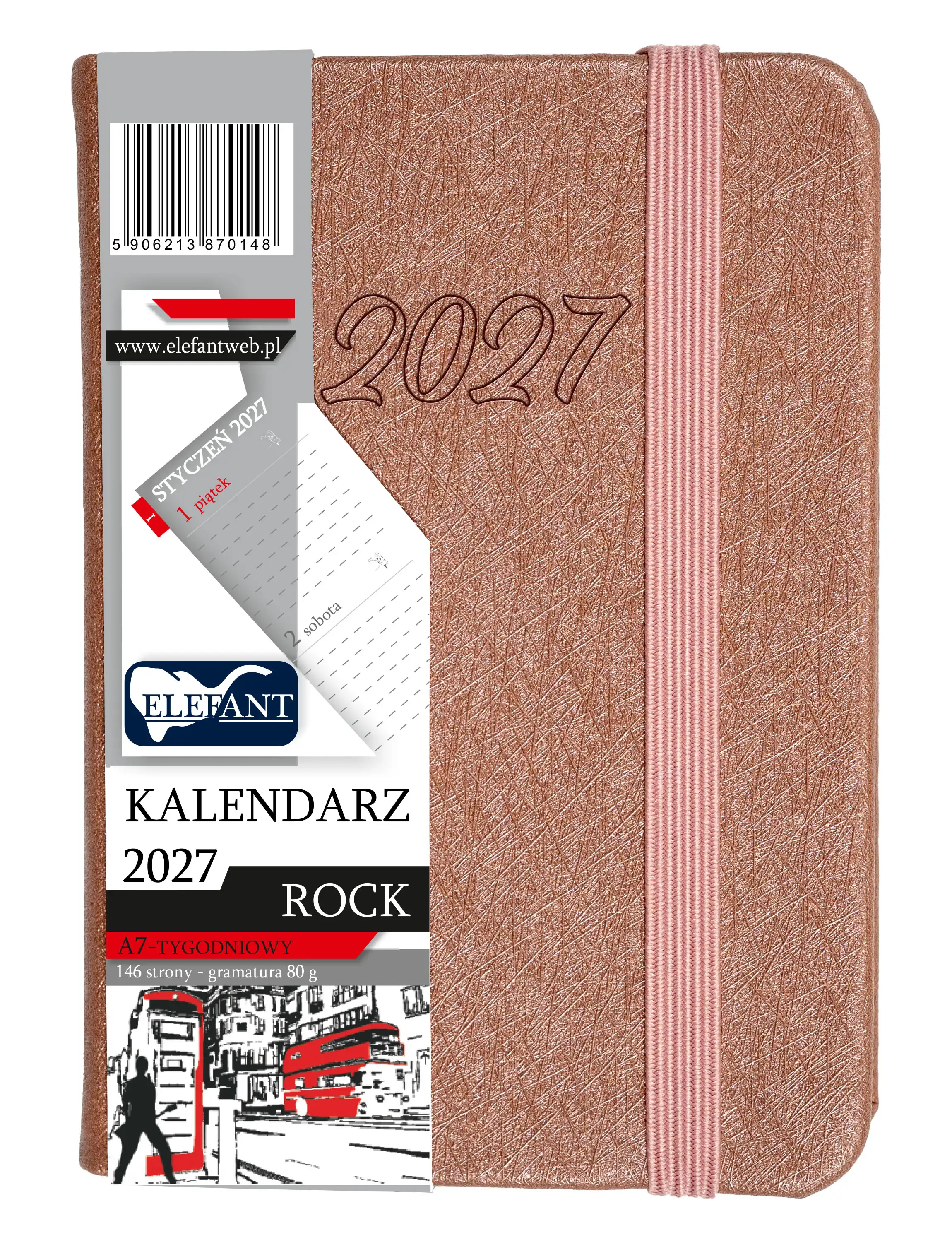 Kalendarz książkowy 2027 A7 tygodniowy Rock, miedziany - Książki