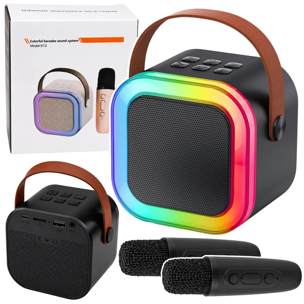 Zestaw Do Karaoke Głośnik Bluetooth Dwa Mikrofony Światła LED Czarny - Elektronika i akcesoria