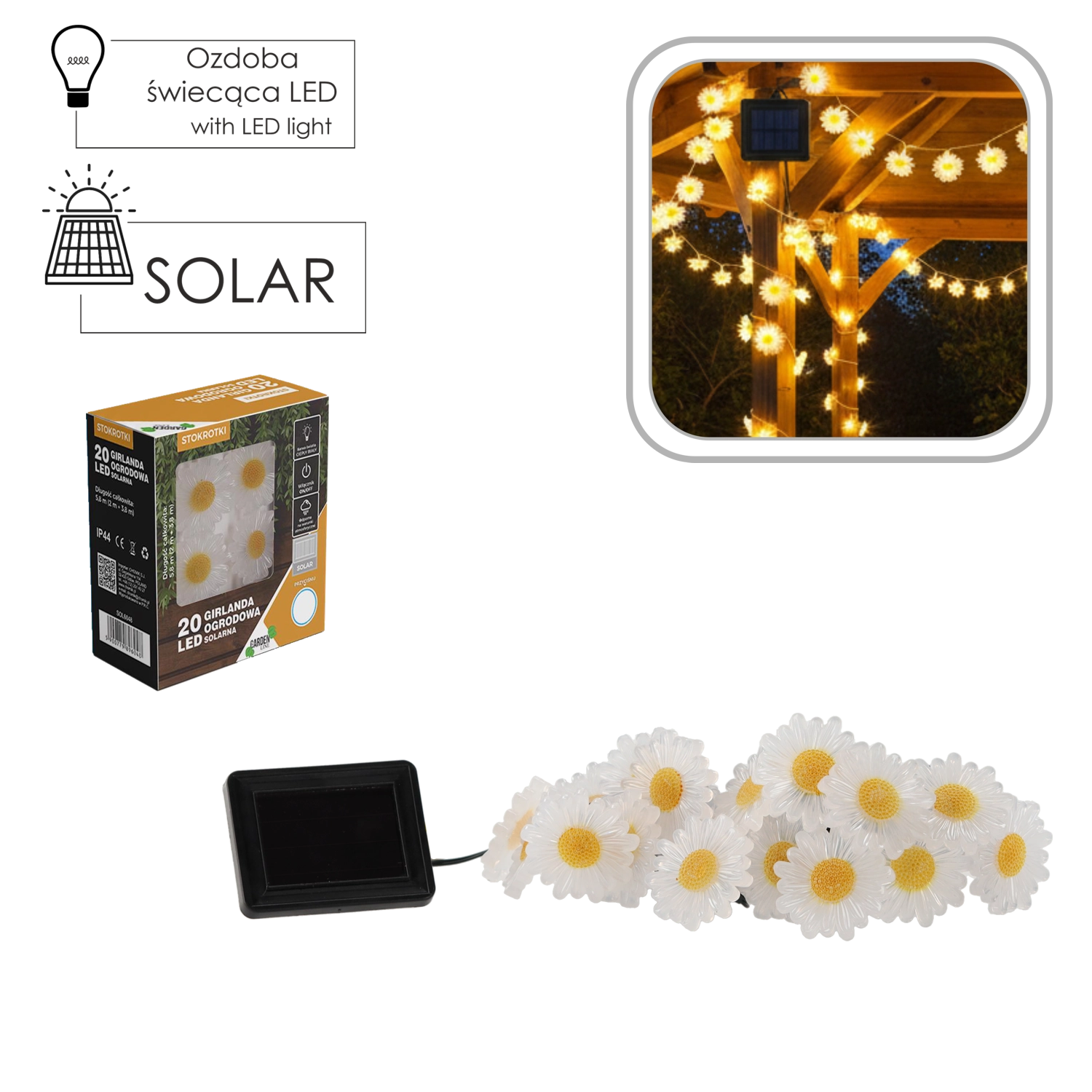 Girlanda Solarna Ogrodowa Dł 2 + 3,8 M Stokrotki 20 Led Ciepły Biały - Elektronika i akcesoria