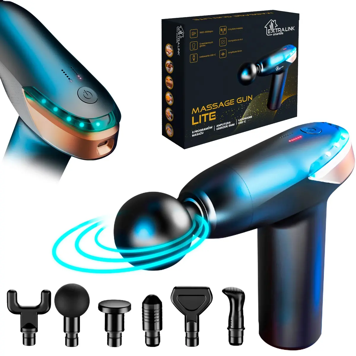Extralink Massage Gun Lite | Pistolet do masażu | 3200 RPM, 6 końcówek wymiennych - Elektronika i akcesoria