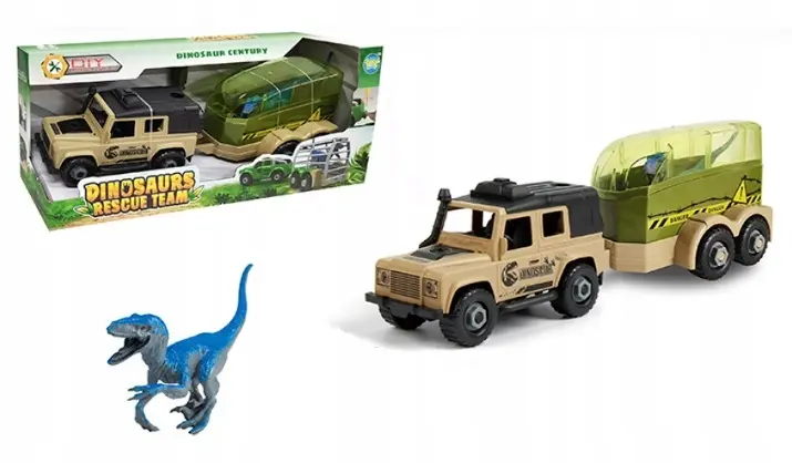 Auto Z Przyczepą Oraz Dinozaurem Velociraptor Do Skręcania Dla Dzieci - Zabawki