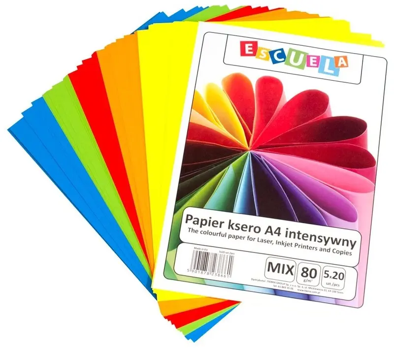 Papier ksero kolorowy A4 80g. mix. intensywny, Escuela - Papiernicze i szkolne