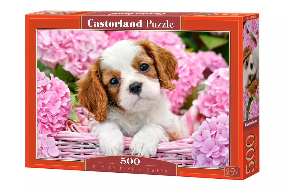Puzzle 500 elementów. Szczeniak w różowych kwiatach - Puzzle