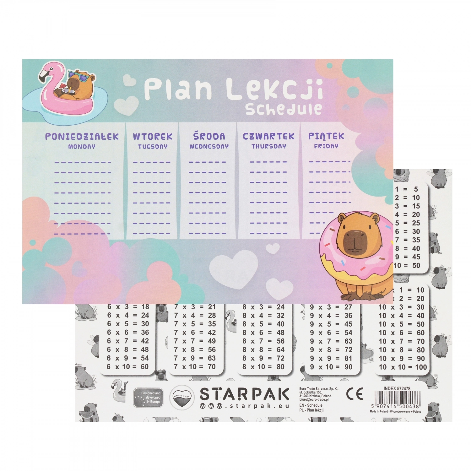 Plan lekcji z tabliczką mnożenia A5, kapibara - Papiernicze i szkolne