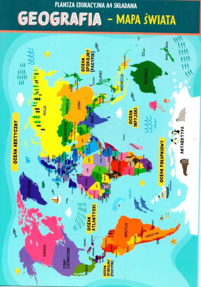 Dwustronna plansza edukacyjna A4. Geografia. Mapa świata - Książki