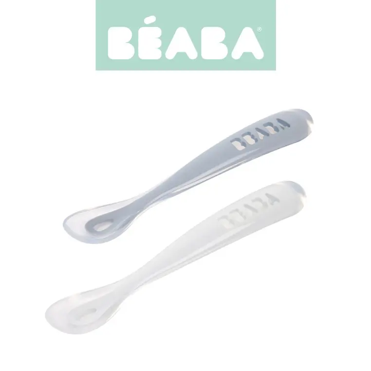 BEABA Zestaw 2 łyżeczek silikonowych w podróżnym etui 4 m+ Pebble / Cloud blue (stary indeks: 913468) - Mama i dziecko