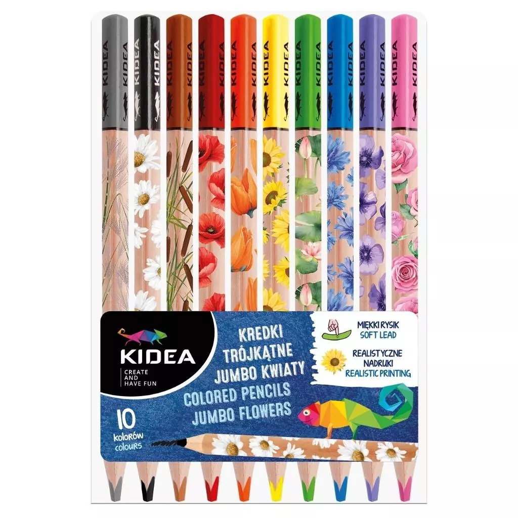 Kredki trójkątne jumbo Kwiaty 10 kolorów KIDEA - Papiernicze i szkolne