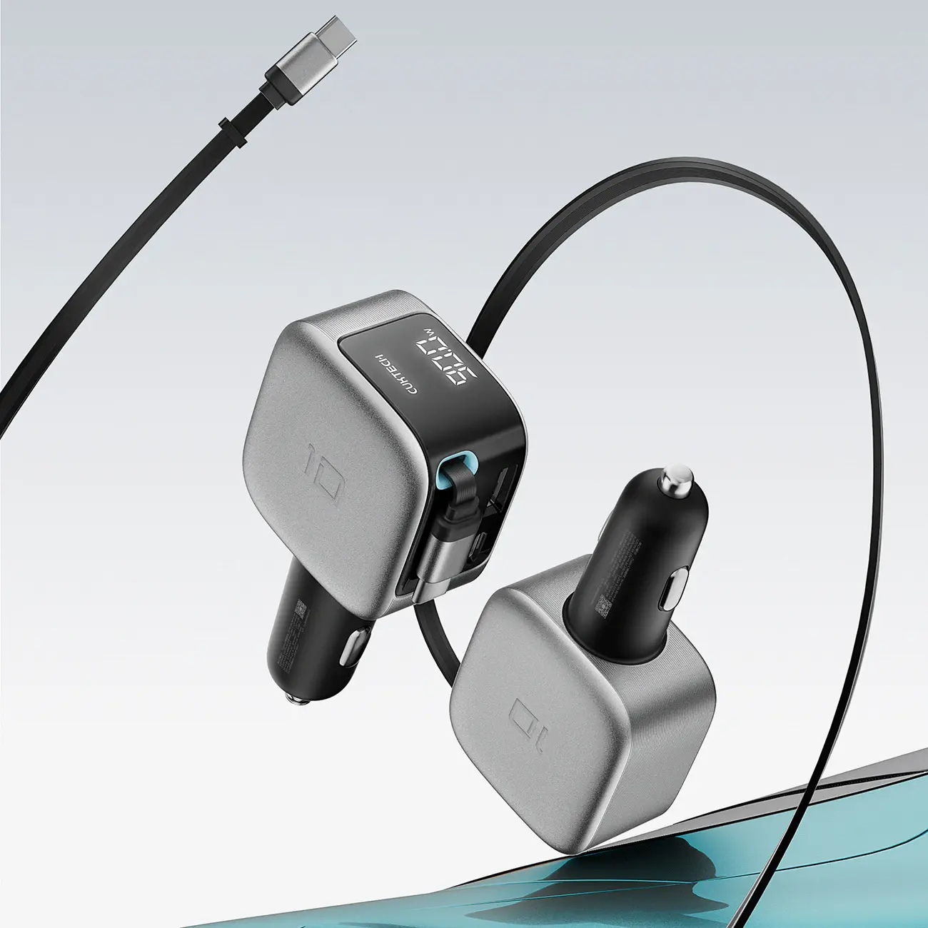 Ładowarka samochodowa Cuktech CC903P 100 W z wyświetlaczem i zwijanym kablem USB-C 70 cm - szara - Elektronika i akcesoria