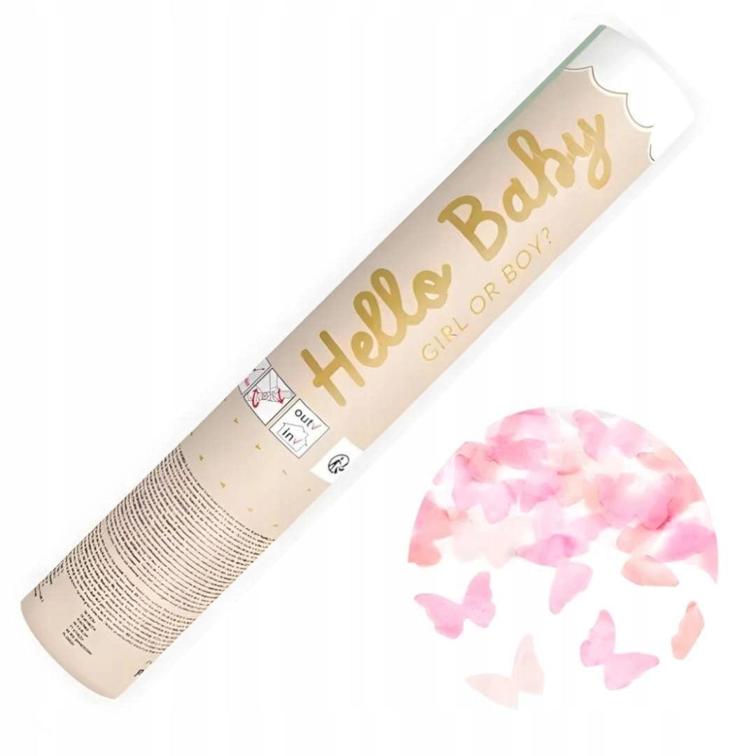 Tuba Strzelająca Armatka Konfetti GIRL Różowe Motylki Baby Shower 20cm - Impreza