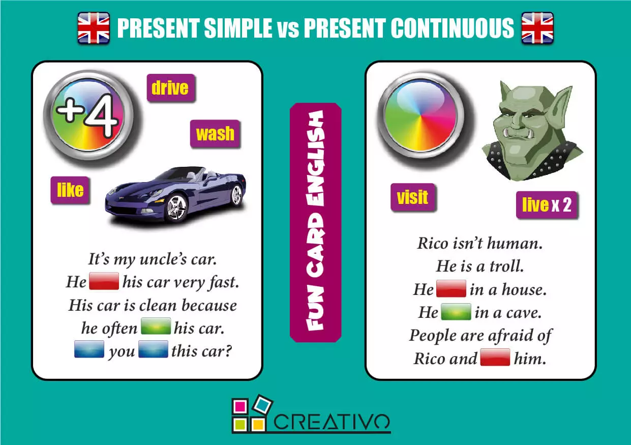 Fun Card English. Present Simple vs Present Continuous - Gry