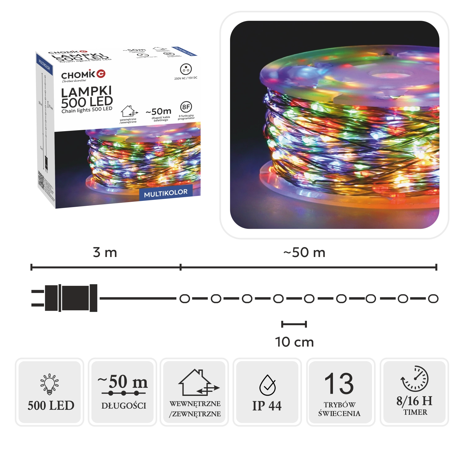 Lampki Led Druciki na Szpuli 500L Multikolor, Dł. 3 + 50 M, pakiet 24 sztuk - Elektronika i akcesoria