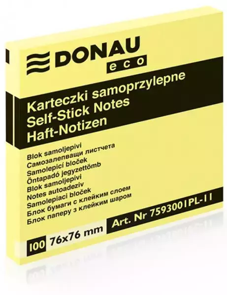 Karteczki samoprzylepne DONAU Eco, 76x76mm, 1x100 kart., jasnożółte - Papiernicze i szkolne