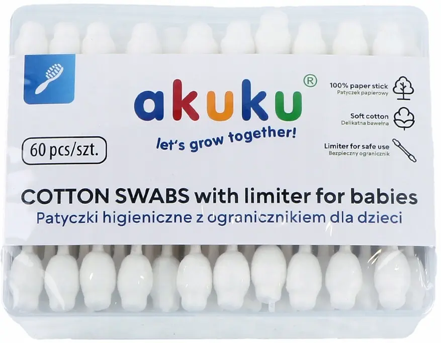Akuku Bezpieczne patyczki do uszu dla niemowląt, bawełniane 60 sztuk - Mama i dziecko