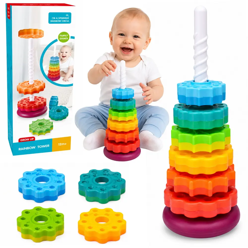 Piramida Obrotowa Wieża Sorter Układanka Tęczowa 36cm 6 El. - Zabawki