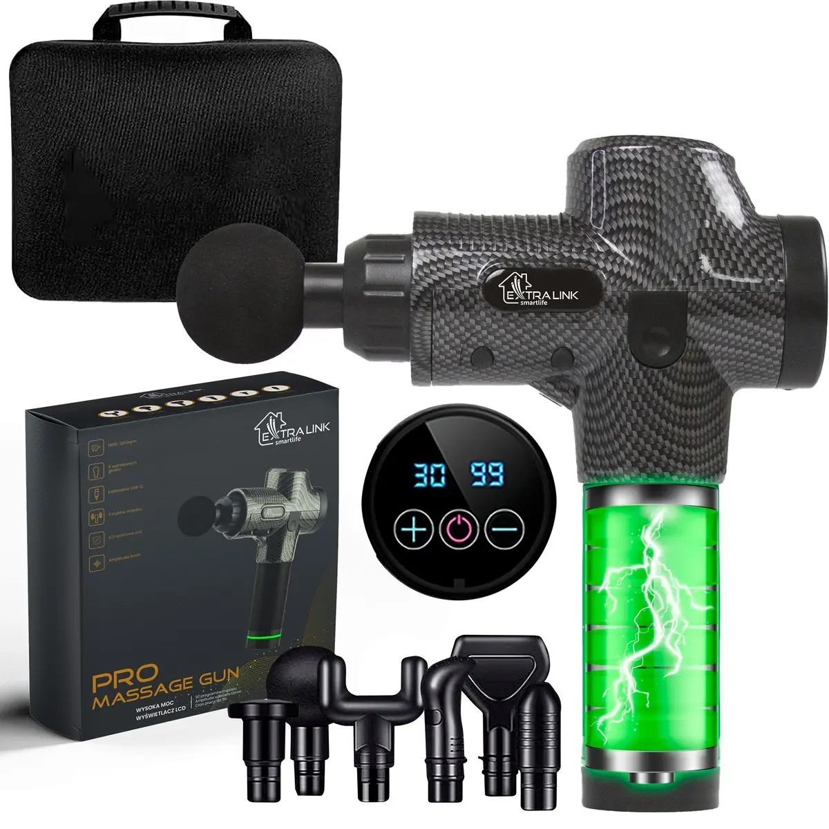 Extralink Massage Gun Pro | Pistolet do masażu | 3800 RPM, 6 końcówek wymiennych - Elektronika i akcesoria