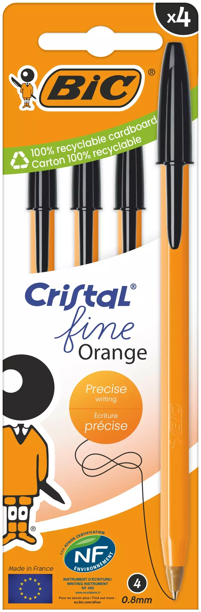 Długopis czarny Cristal Fine Orange BIC 0,8mm 4szt. - Papiernicze i szkolne