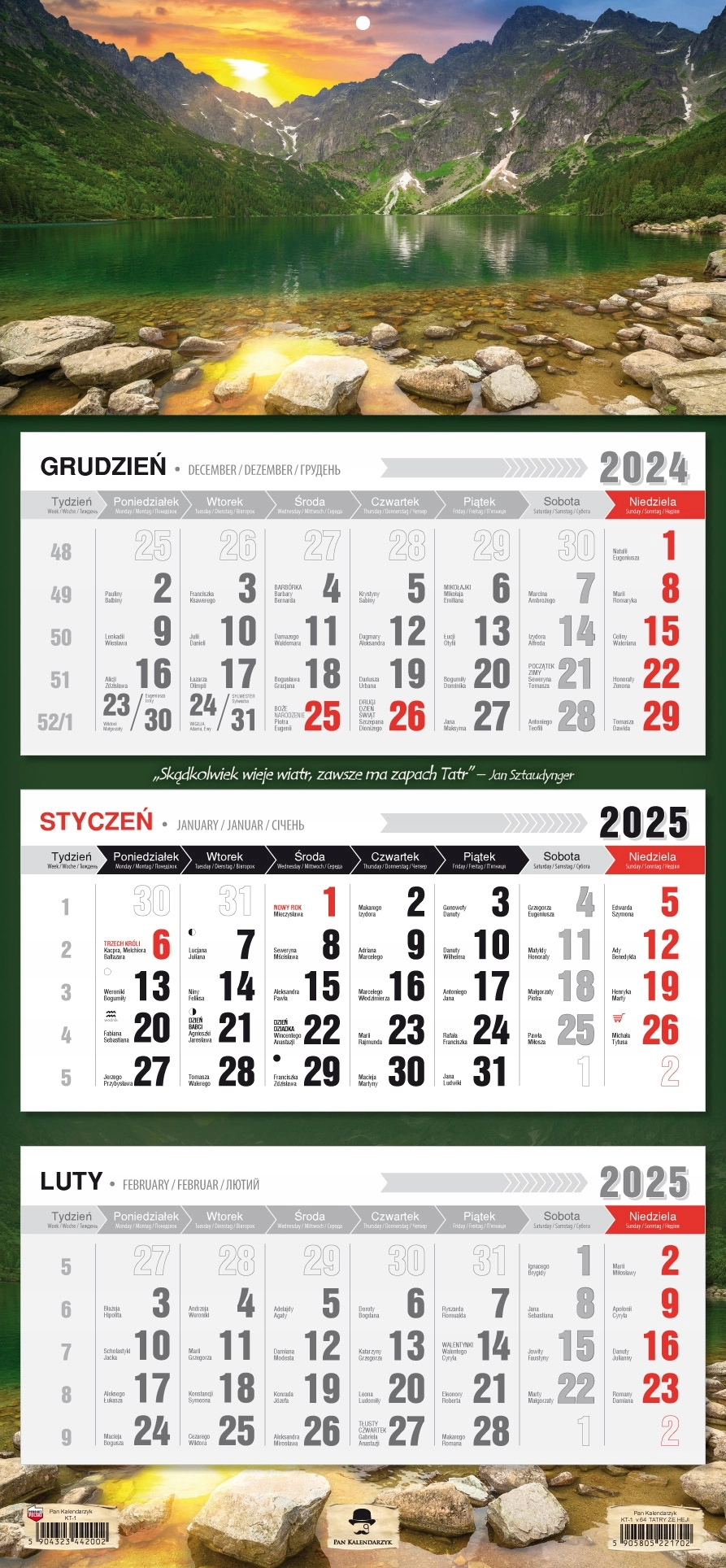 KALENDARZ TRÓJDZIELNY 2025 ROK ŚCIENNY PŁASKA GŁÓWKA GÓRY CZARNY STAW - Książki