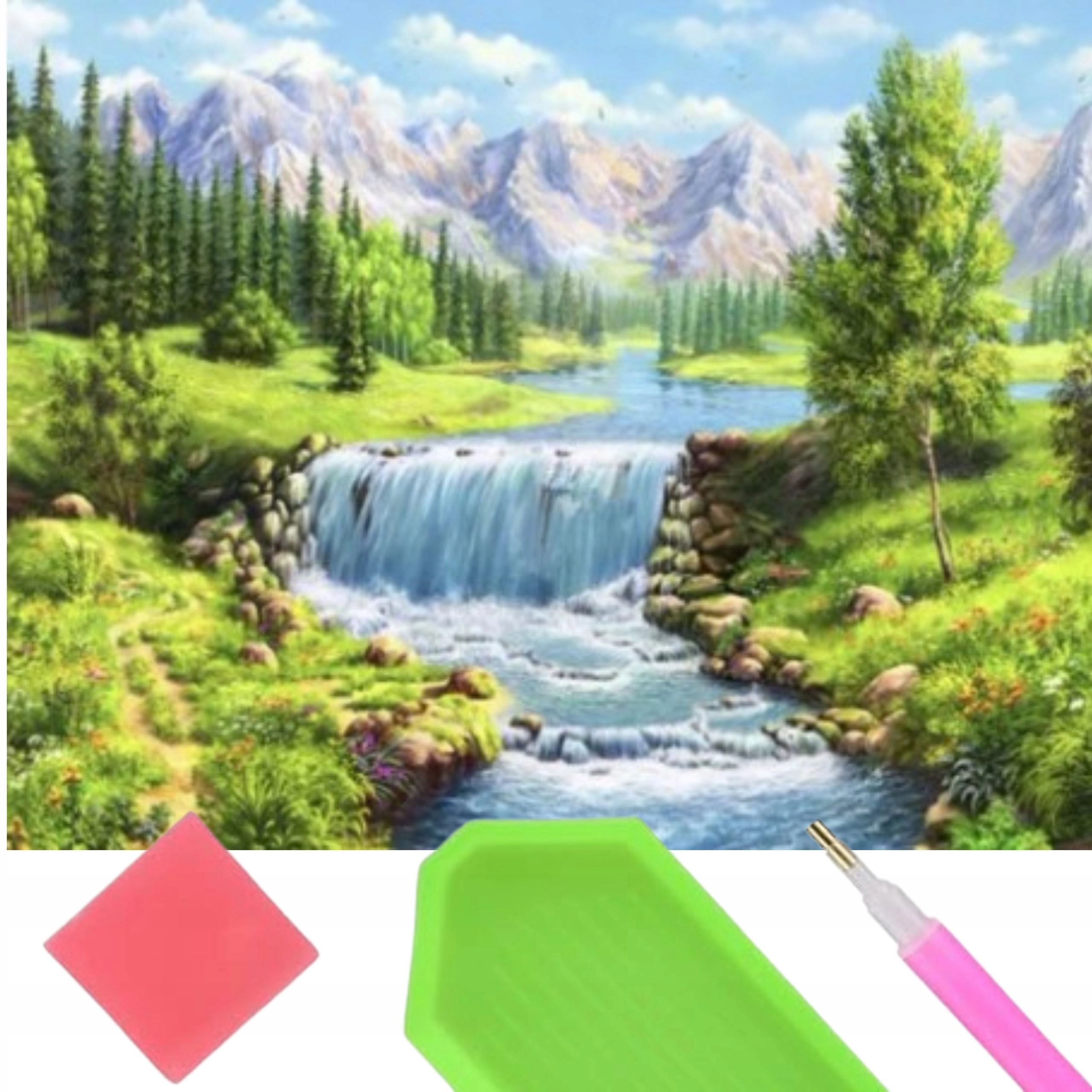 Haft Diamentowy Diamond Painting Mozaika Wodospad Krajobraz Góry Drzewa 5D - Zabawki