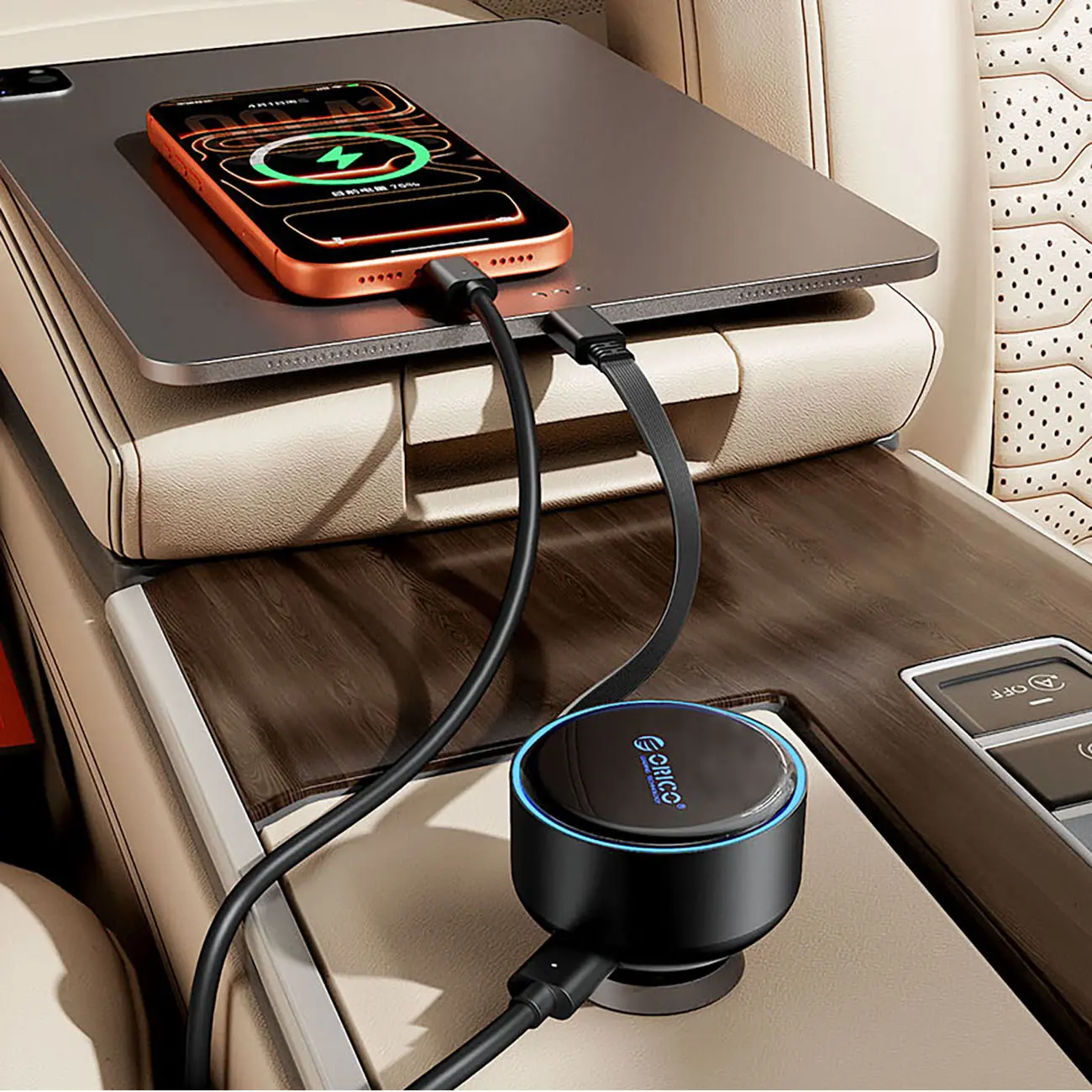 Ładowarka samochodowa Orico FC-60-2C 60W ze zwijanym kablem USB-C 65 cm - czarna - Elektronika i akcesoria