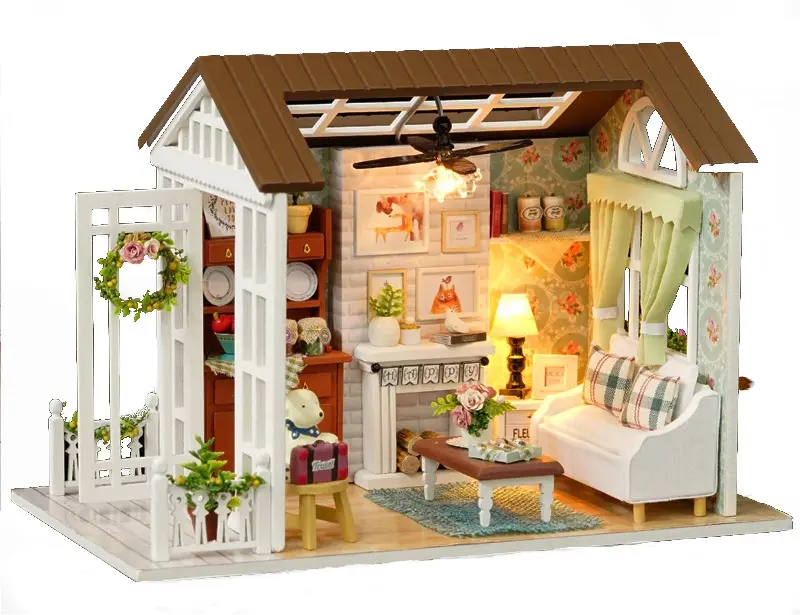 Domek dla lalek drewniany salon model do złożenia LED 8008-A 20,6cm - Zabawki