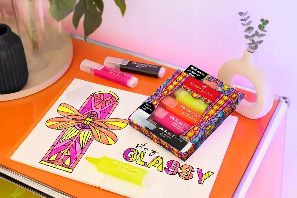 FABER-CASTELL Zakreślacz neonowy mazak marker pisak 46 Glassy 4 kol +czarny - Papiernicze i szkolne