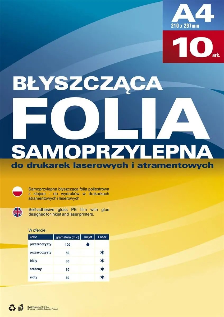 Folia samoprzylepna A4 przezroczysty 100mic. [mm:] 210x297 Argo (434010) - Papiernicze i szkolne