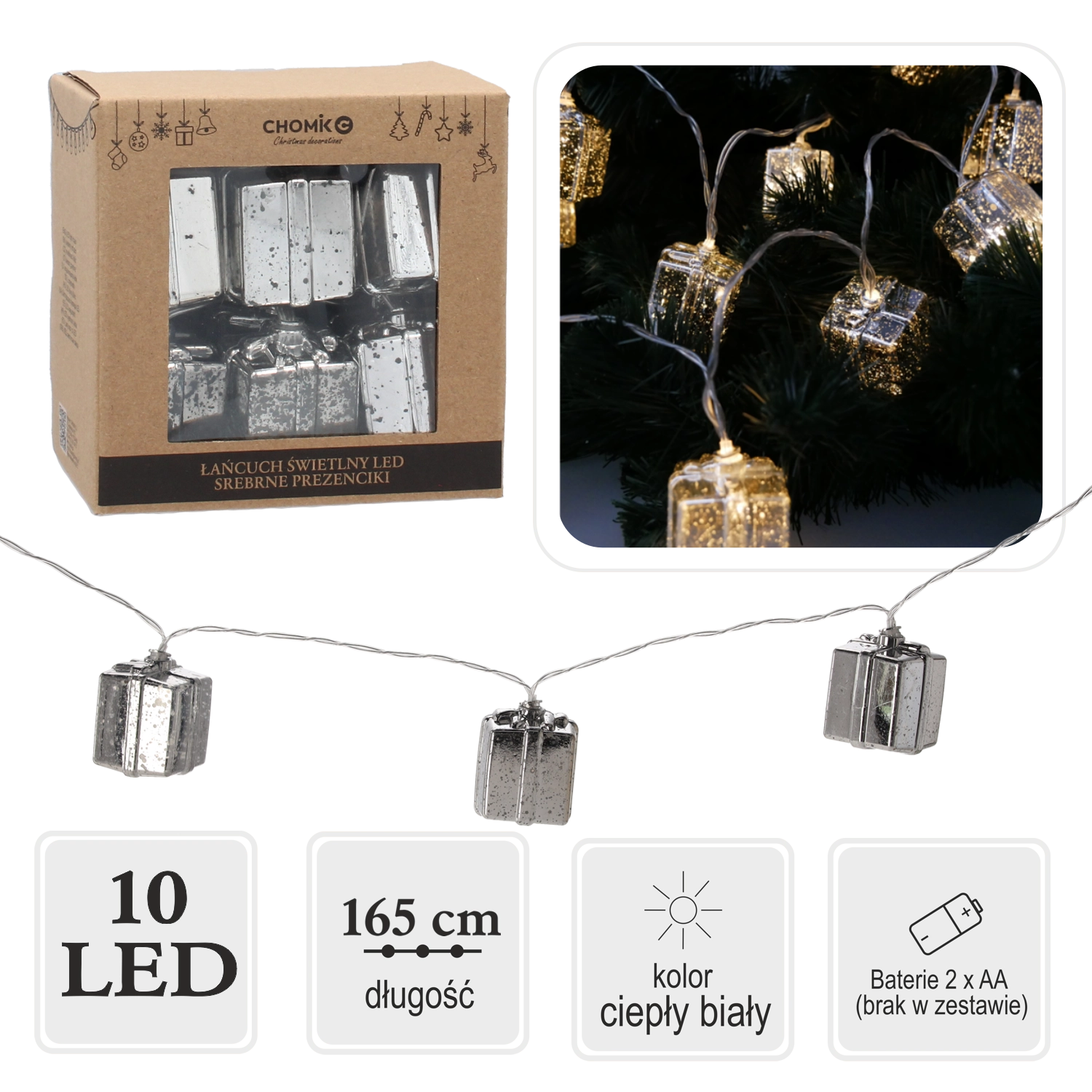 Łańcuch Świetlny Led Srebrne Prezenciki 10 L Ciepły Biały, pakiet 24 sztuk - Elektronika i akcesoria