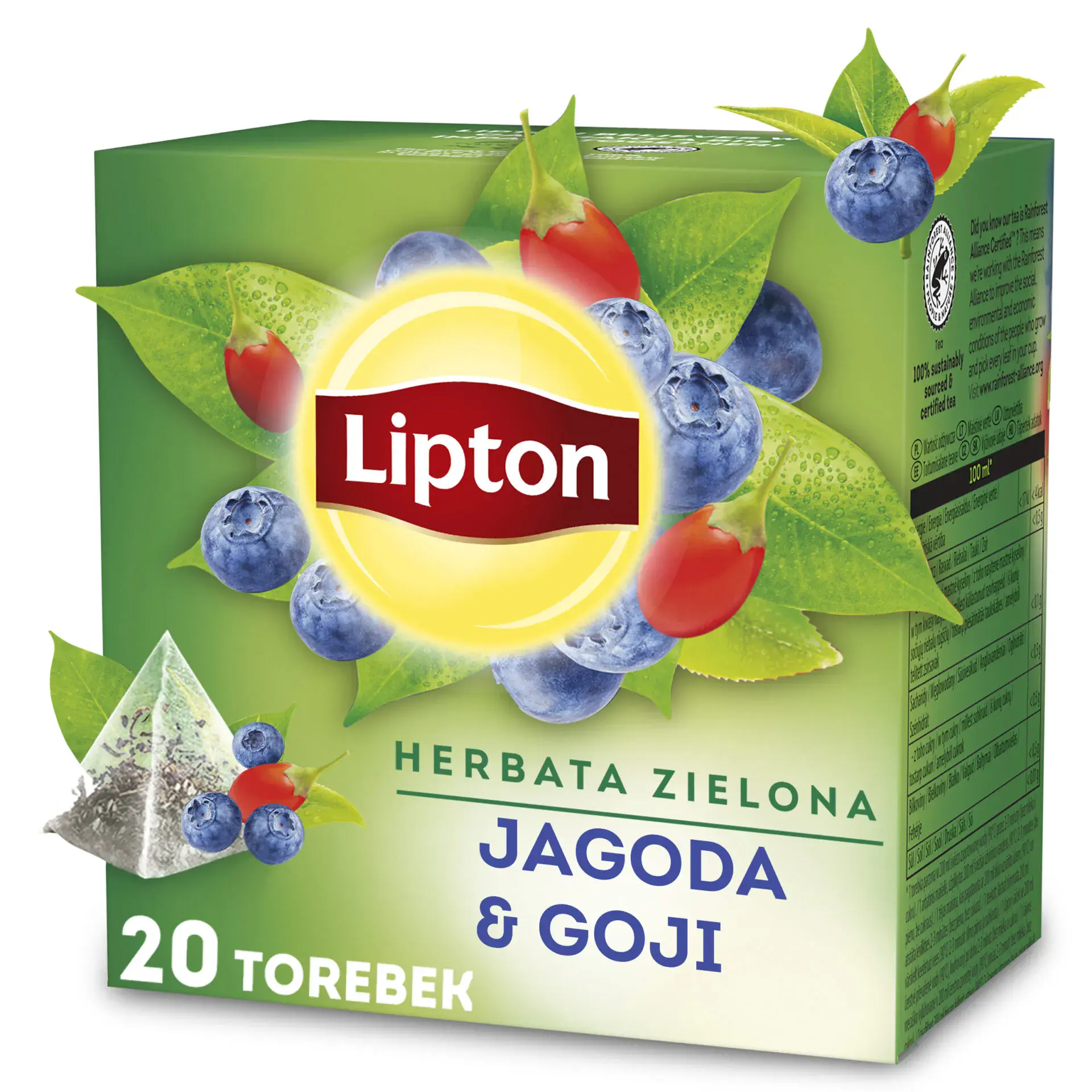 Herbata zielona Lipton piramidki Green Tea Goji & Blueberry (owoce goji, jagody), 20 torebek - Papiernicze i szkolne