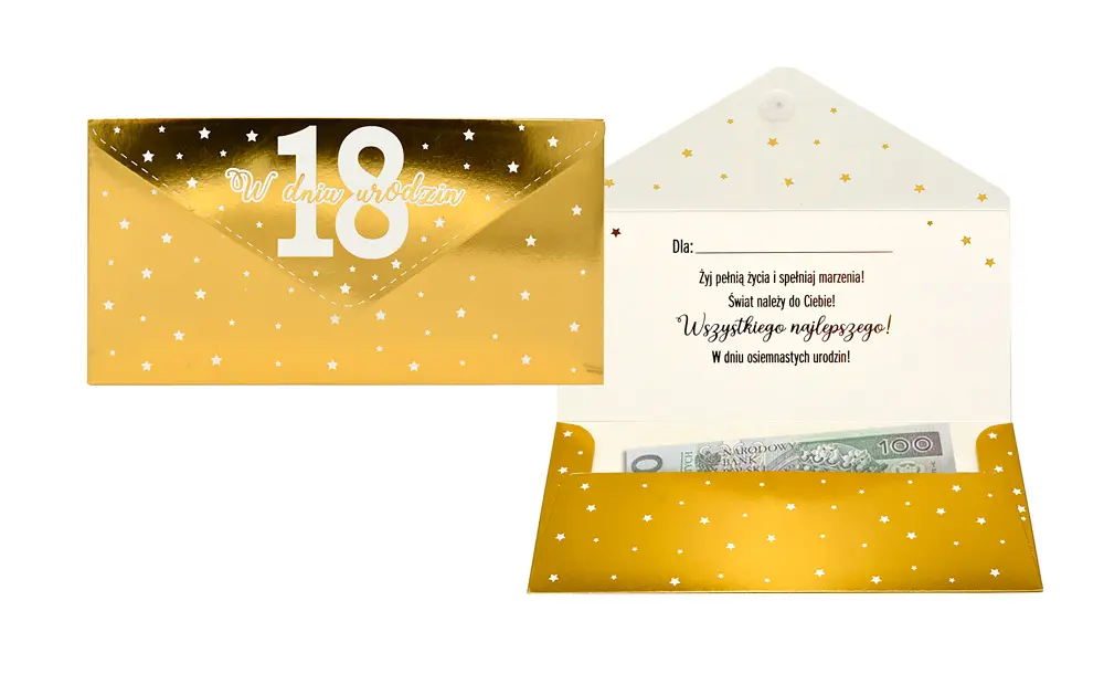 Koperta podarunkowa, 18 urodziny (złota) - Papiernicze i szkolne