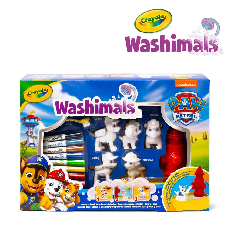Crayola Figurki do malowania i mycia - zestaw zwierzątka 5 szt., flamastry zmywalne 8 szt., szczoteczka, wanna - hydrant Washimals Psi Patrol 3+ - Zabawki