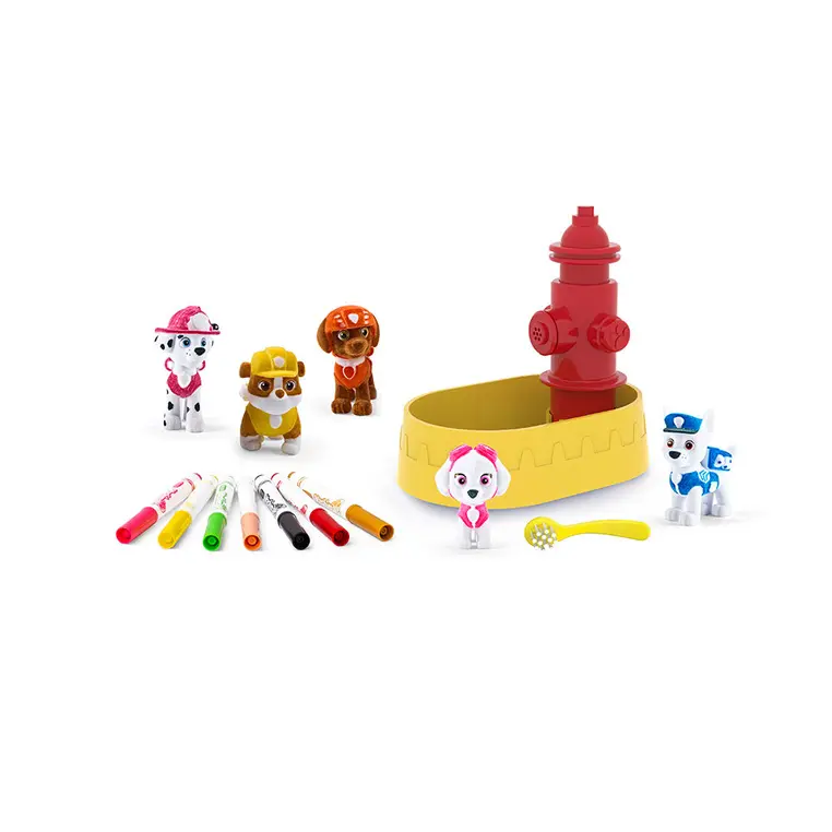 Crayola Figurki do malowania i mycia - zestaw zwierzątka 5 szt., flamastry zmywalne 8 szt., szczoteczka, wanna - hydrant Washimals Psi Patrol 3+ - Zabawki