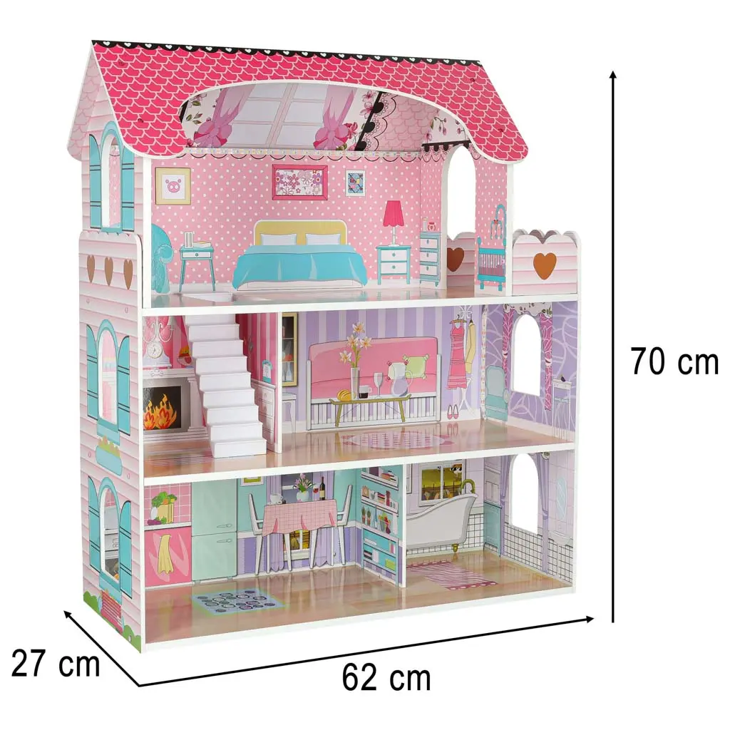 Domek dla lalek drewniany MDF mebelki 70cm różowy LED - Zabawki