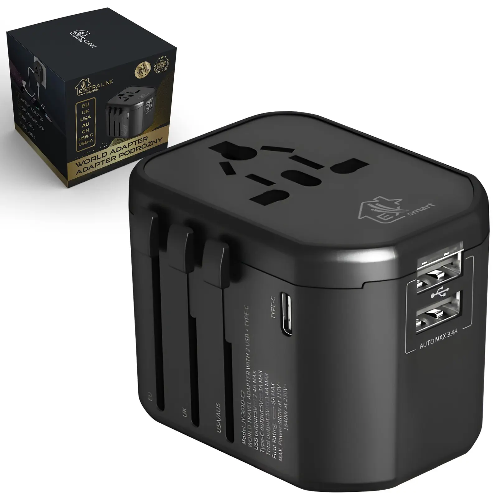 Extralink Smart Life Adapter dla podróżnych EU/UK/USA/AU/CH + USB-C, USB-A - Elektronika i akcesoria