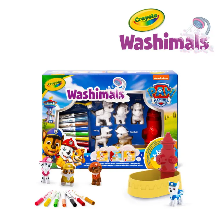 Crayola Figurki do malowania i mycia - zestaw zwierzątka 5 szt., flamastry zmywalne 8 szt., szczoteczka, wanna - hydrant Washimals Psi Patrol 3+ - Zabawki