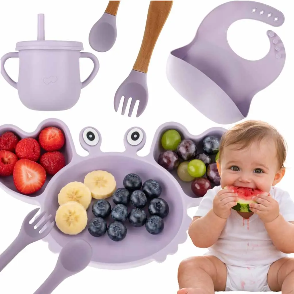 Naczynia silikonowe dla dzieci niemowląt krab zestaw 9 elementów fioletowy - Mama i dziecko