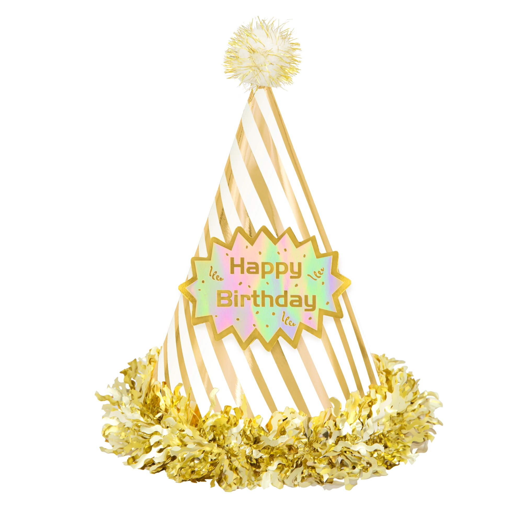 Czapeczka urodzinowa z pomponem Happy Birthday w paski biało-złota 1 szt. - Impreza