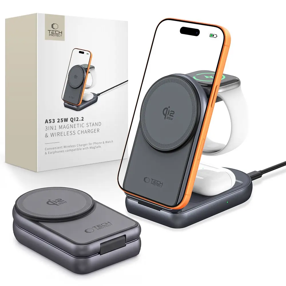 Tech-Protect A53 3IN1 Magnetic MagSafe Wireless Charger 25W QI2.2 Dark Grey - Elektronika i akcesoria