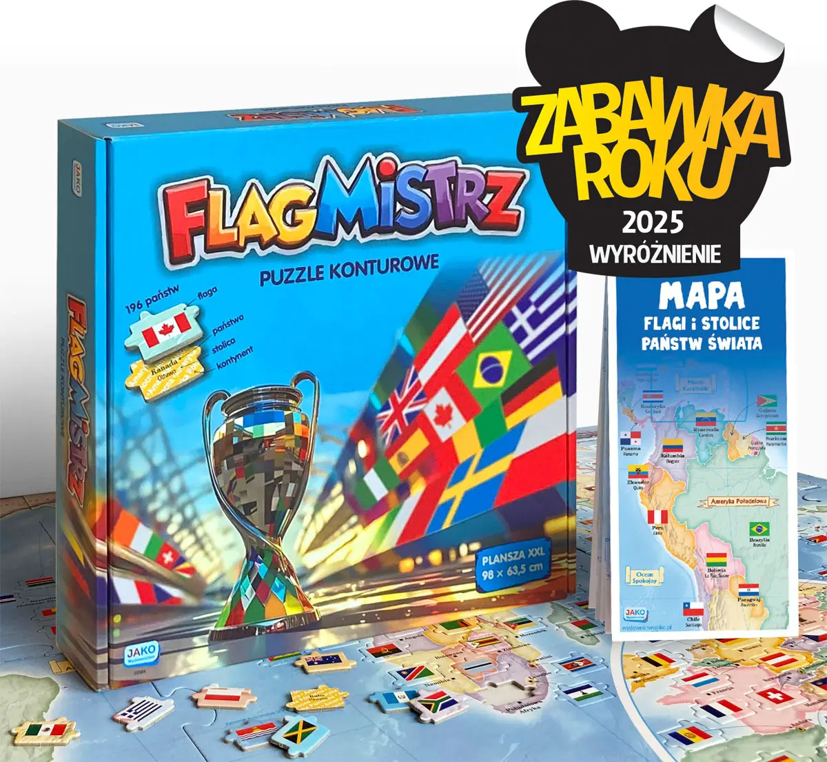 Flagmistrz. Puzzle konturowe Flagi i stolice państw świata. Mapa - Puzzle