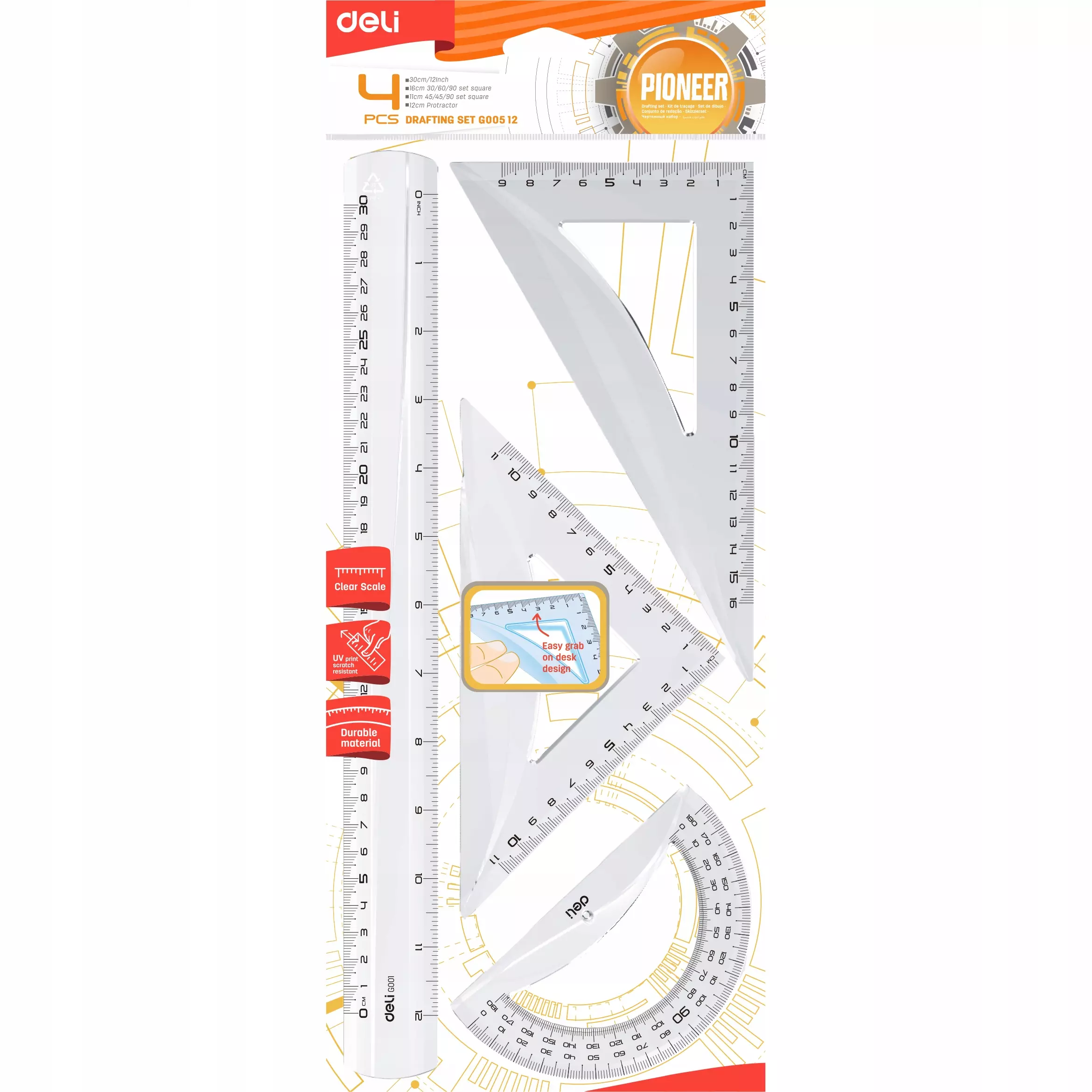 Zestaw geometryczny 4 elementy linijka kątomierz ekierka Deli transparent - Papiernicze i szkolne