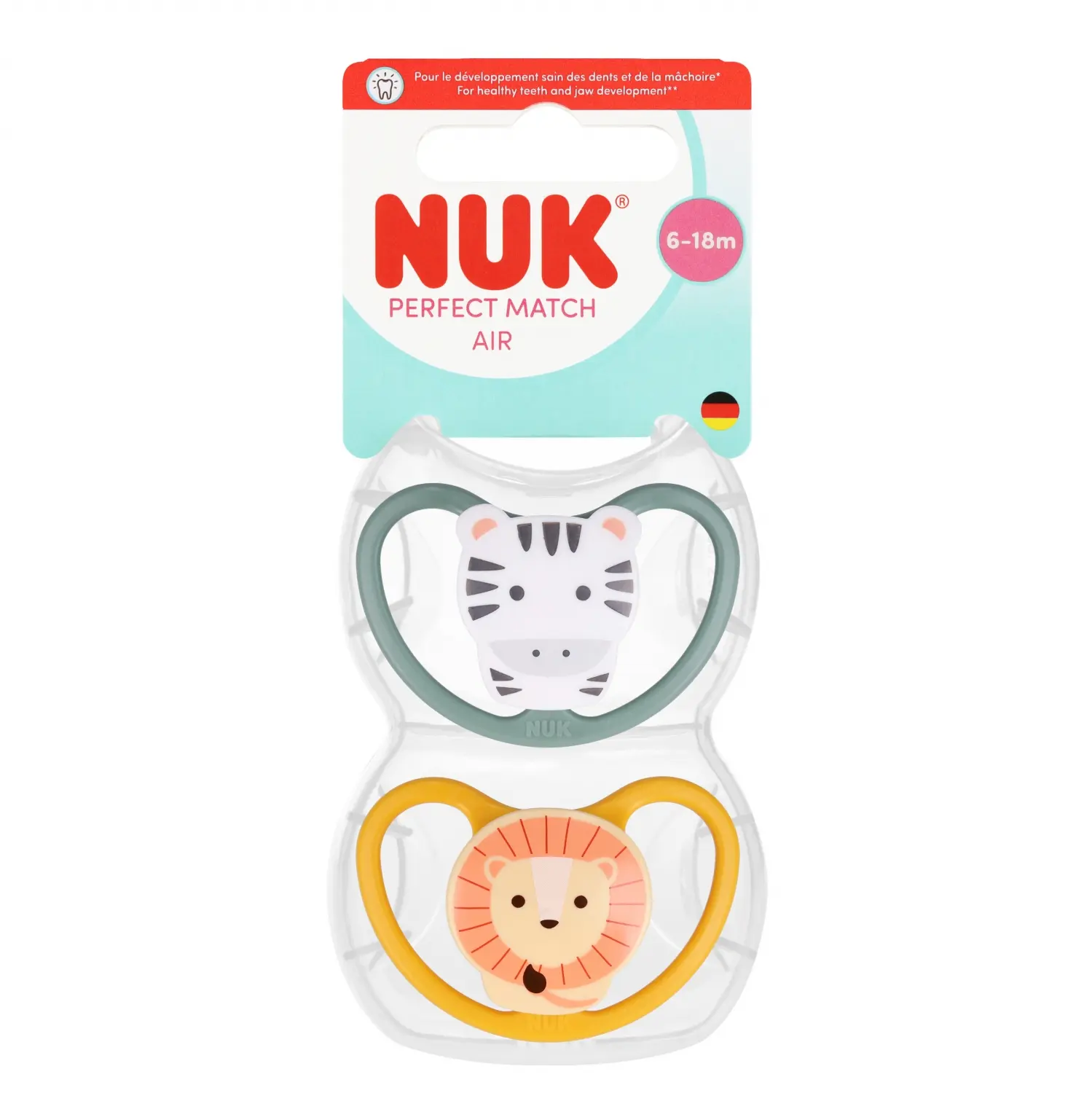 Nuk Smoczek UspokajajĄcy 2 Elementy 6-18 M Perfect Match Air Zebra/lew Op.2 szt. 10176339 - Mama i dziecko