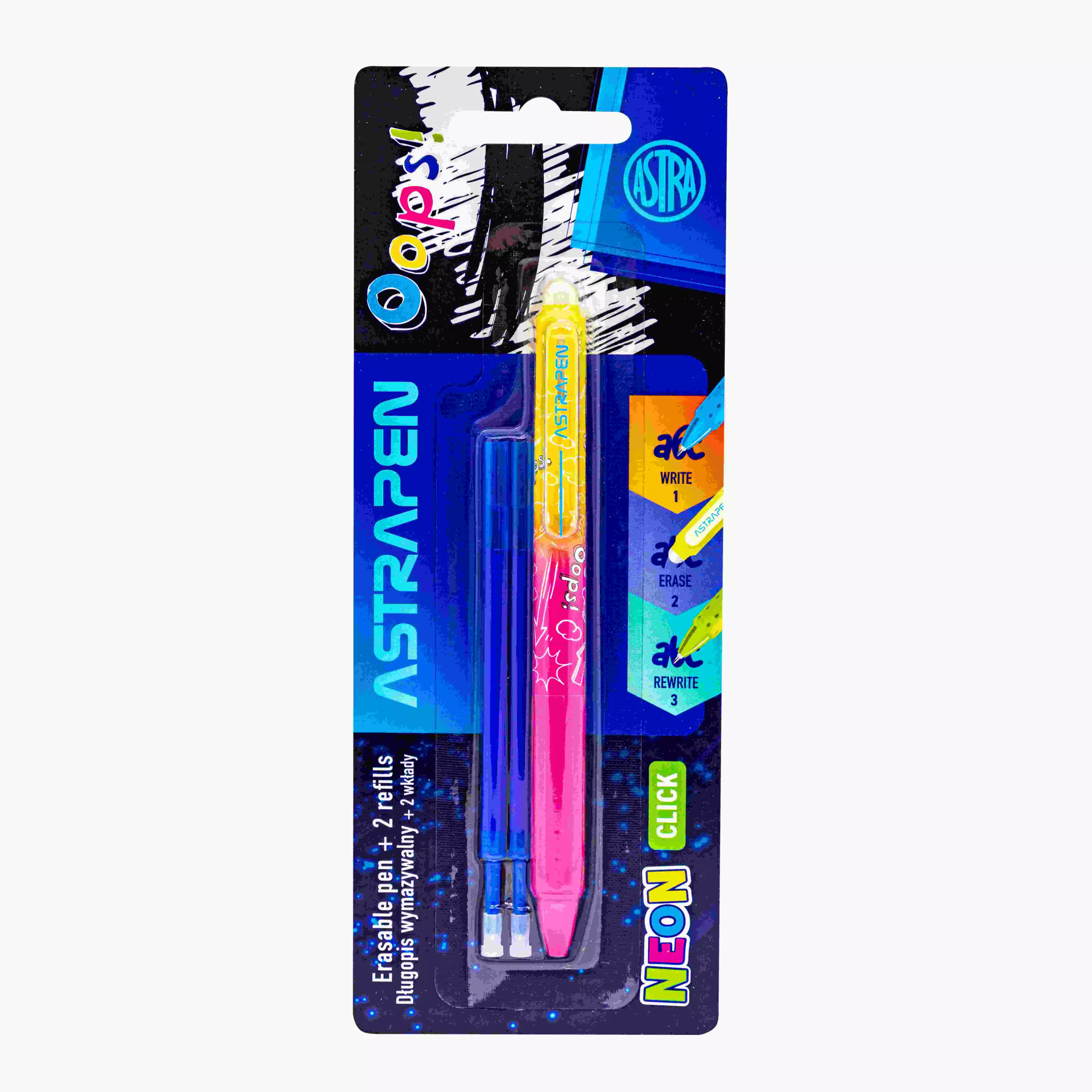 Długopis wymazywalny Click 0,5 mm Astrapen Oops! neon + 2 wkłady wymazywalne blister 1szt.mix - Papiernicze i szkolne